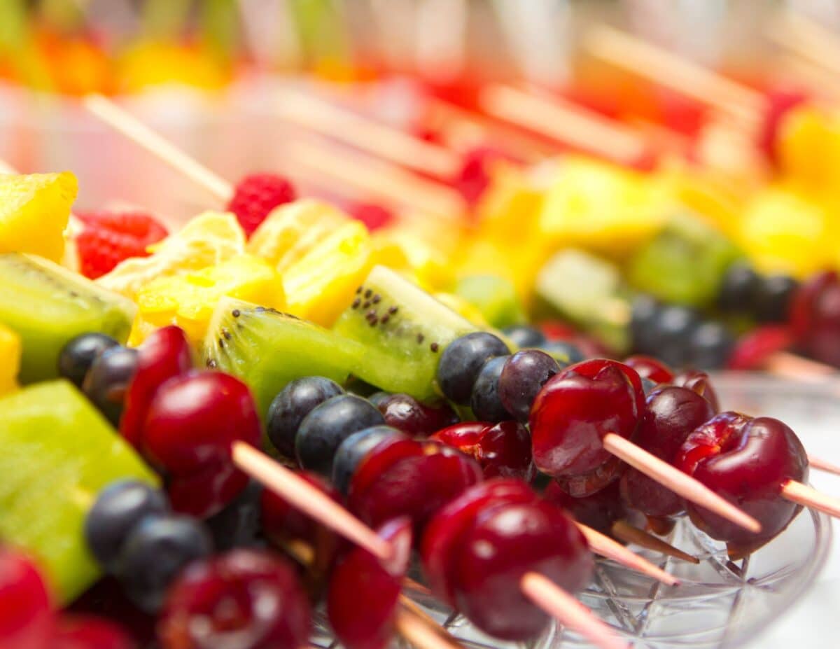 fruit skewers: grapes, blueberries, kiwi, pineapple, and strawberry - backyard staycation