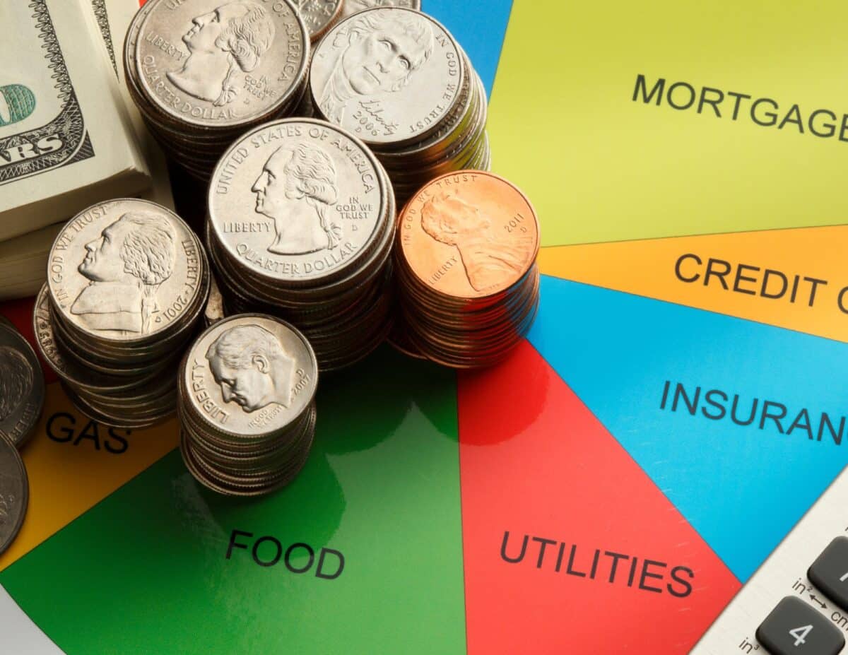 Stacks of coins with words on a chart that say, "mortgage, credit, insurance, utilities, food" -living frugally on one income.