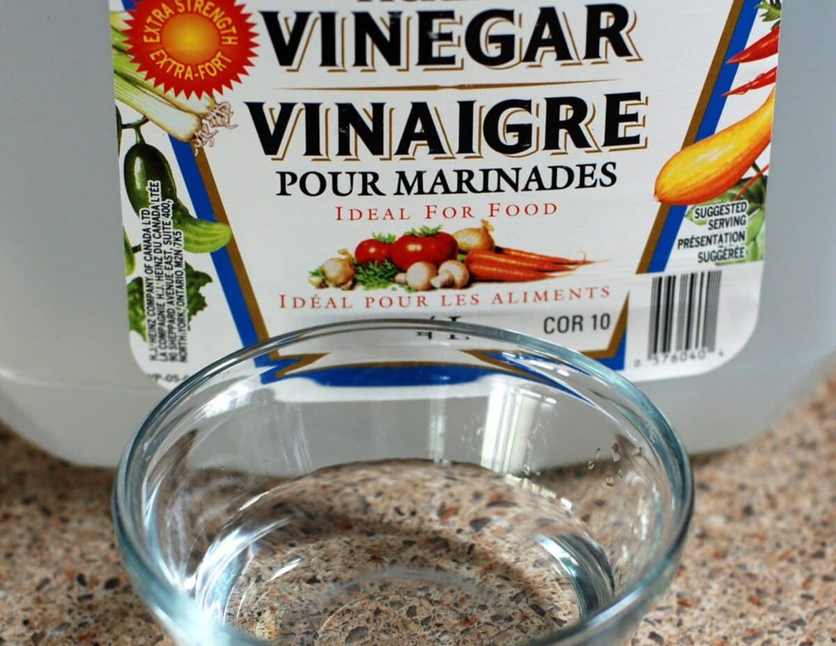 a small bowl of vinegar with a vinegar bottle next to it - homemade laundry detergent.
