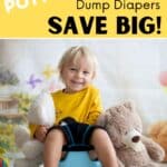 A smiling little boy is sitting on a blue potty clutching onto a stuffed animal with another stuffed animal beside him; the Title is displayed, "Weekend Potty Training Dump Diapers SAVE BIG!