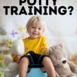 A smiling little boy is sitting on a blue potty clutching onto a stuffed animal with another stuffed animal beside him; the Title is displayed, "Weekend Potty Training?
