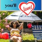 a woman is sitting under an umbrella in a lounge chair with sunglasses on with the Title, "Backyard Staycation, Frugal Vacation You'll Love".