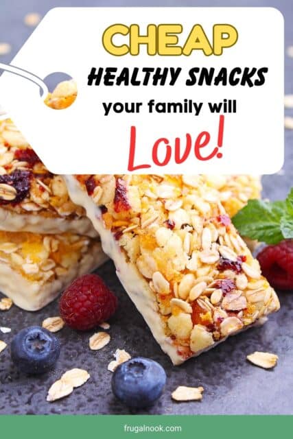 granola bars with some blueberries and raspberries with a "tag" that says, "Cheap Healthy Snacks Your Family Will Love."