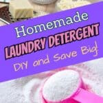 grated soap and borax and powdered laundry detergent with the title, "Homemade Laundry Detergent, DIY and Save Big!"