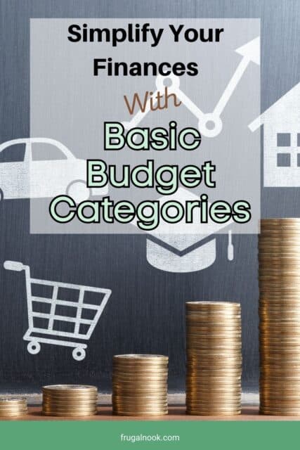 There are stacks of coins with pictures of a grocery cart, car, graduation cap, upward arrow and house - basic budget categories.