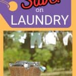 a laundry basket is full of clothes with clothes hanging on a clothesline in the background; has the words on a price tag that says, "Save! on Laundry"