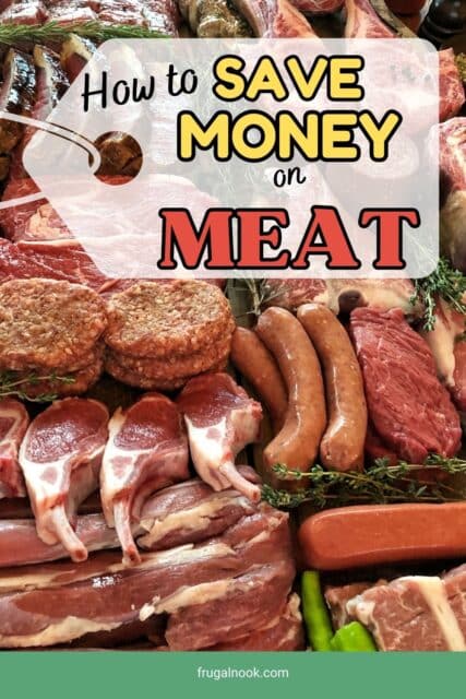lots of different cuts of raw meat with the title on a "price tag" that says, "How to Save Money on Meat"