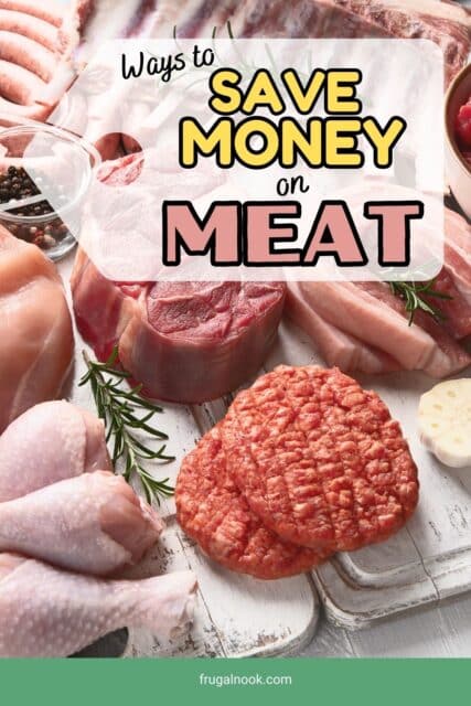 cuts of meat such as hamburger chicken, steak and ribs with a "price tag saying, "Ways to Save Money on Meat"
