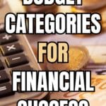 a calculator in the background with the title, " Basic Budget Categories for Financial Success".
