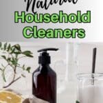 An orange, black bottle and two other glass containers one with a clear liquid, one with a powder - DIY Natural Household Cleaners