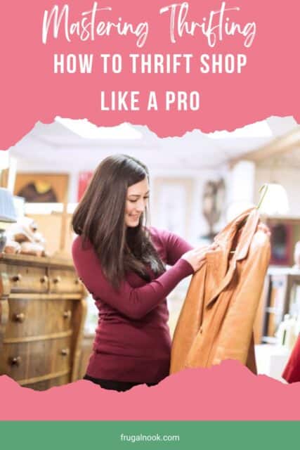 A smiling woman is looking at a coat - How to Thrift Shop Like a Pro.