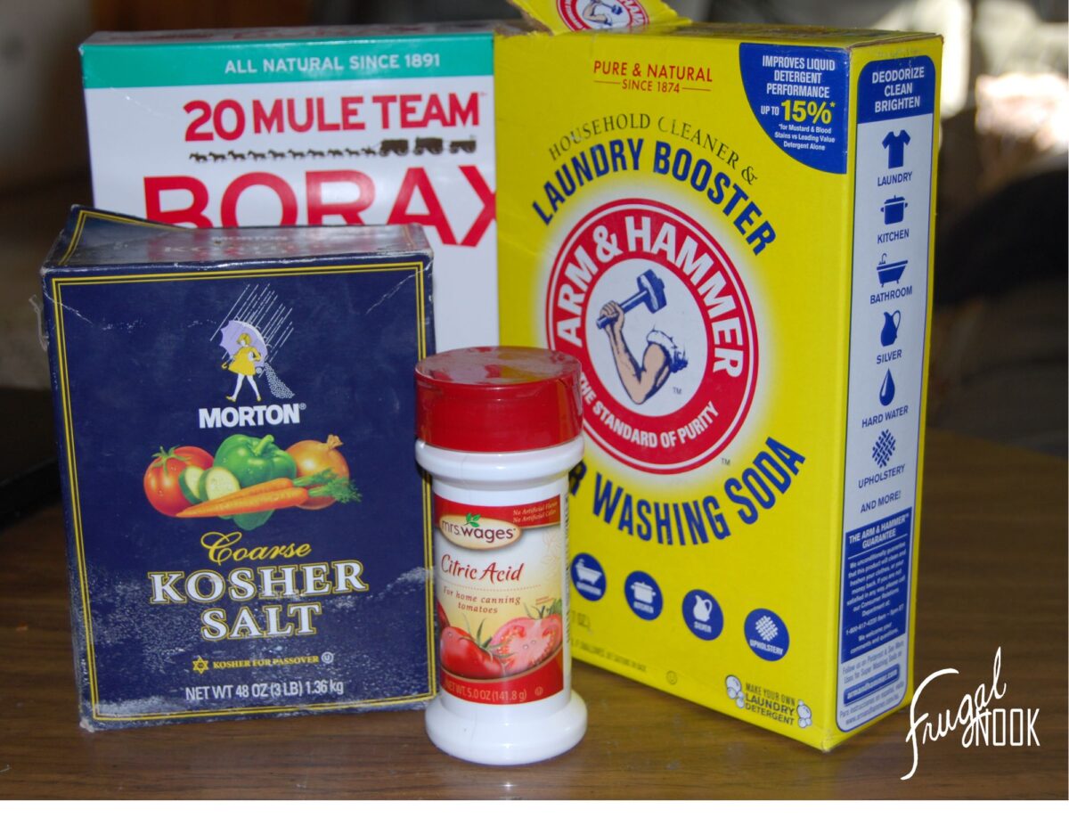 Borax, coarse salt, citric acid, washing soda - DIY natural household cleaners.