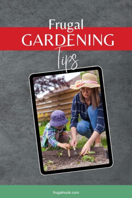 A mother and daughter are planting seedlings with the title, "Frugal Gardening Tips".