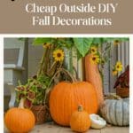 Large and small pumpkins with sunflowers with the title, Cheap Outside DIY Fall decorations.