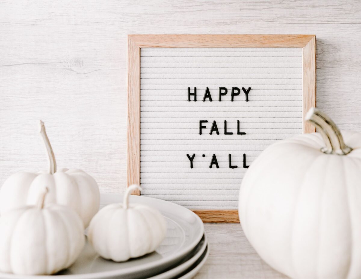 Large white pumpkin and small white pumpkins with a sign that says, "happy fall y'all" - cheap outside DIY fall decorations.