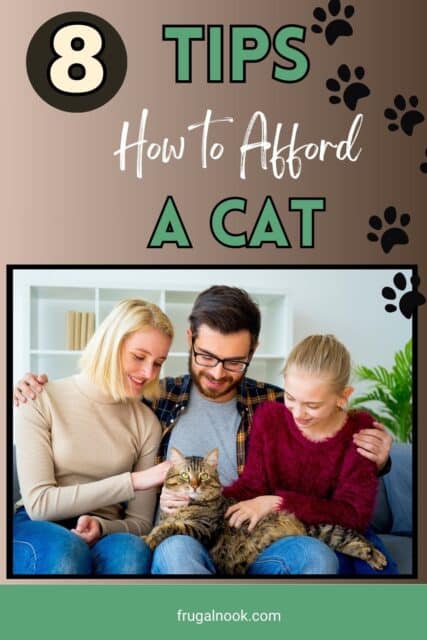 A family is sitting with a cat on their lap with the title, "8 Tips How to Afford a Cat"