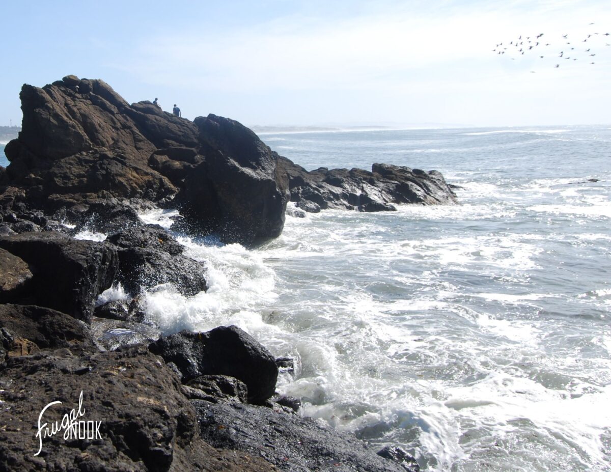 Rocky shore with waves crashing at Newport, Oregon - frugal living tips for families.