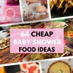 banana cream tart, mason jar with juice and fancy straw, pot luck dinner, cupcake decorated with baby shower decorations, grilled chicken skewers and 3 women and a pregnant woman standing and laughing - cheap baby shower food ideas.