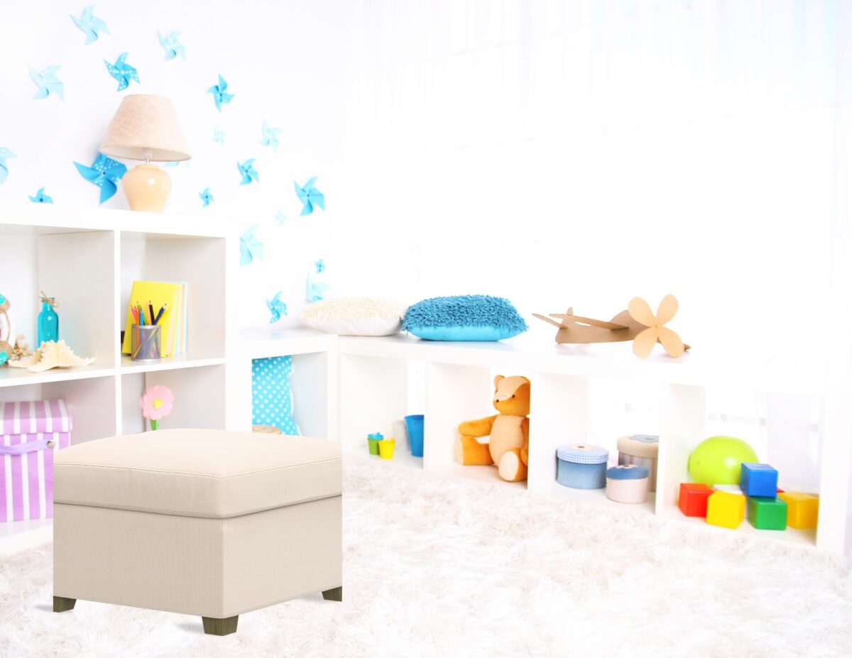 a playroom with shelves and a toy ottoman - playroom ideas on a budget.