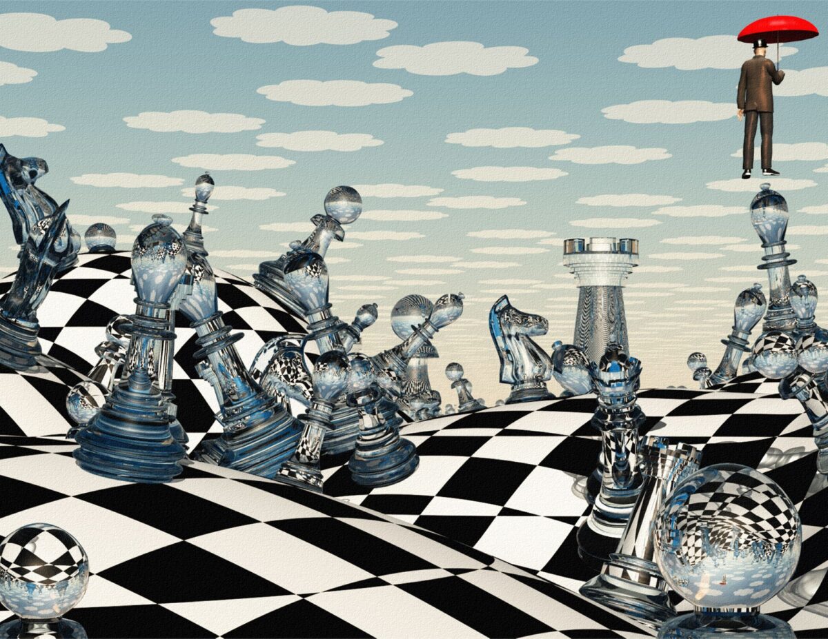 a surrealism painting of a chessboard with falling chess pieces - most valuable thrift store finds