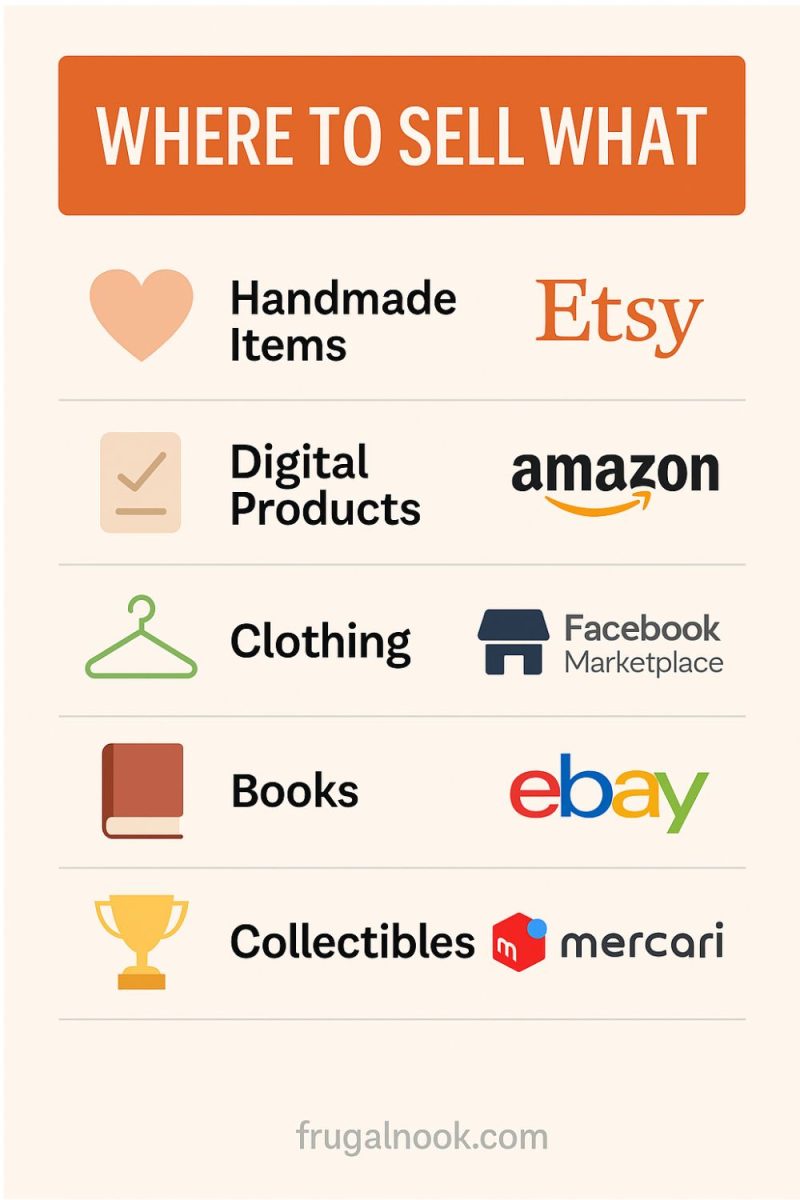 an infographic by Frugalnook.com listing what platforms to sell items.