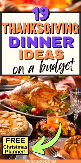 A beautifully arranged Thanksgiving dinner table featuring a roasted turkey, various side dishes, and seasonal decorations, with a callout for budget meal planning options and Christmas planning resources.