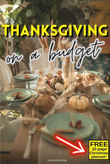 A dining table set with teal plates and autumn decorations promotes ideas for a budget-friendly Thanksgiving meal.