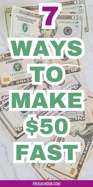 An image featuring a variety of U.S. banknotes arranged on a surface, with bold text overlay stating "7 WAYS TO MAKE $50 FAST," suggesting tips on quick ways to earn money online.