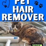 A ChomChom Pet Hair Remover roller is placed on a couch next to a resting cat, illustrating an effective tool for cleaning pet hair from furniture and clothes.