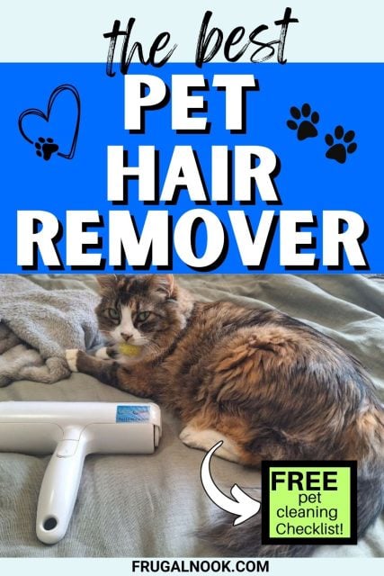 A ChomChom Pet Hair Remover roller is placed on a couch next to a resting cat, illustrating an effective tool for cleaning pet hair from furniture and clothes.
