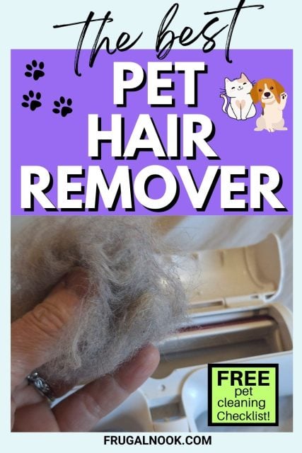 A hand holding a clump of pet hair near a pet hair remover roller, illustrating a method for cleaning pet hair from clothes and furniture.
