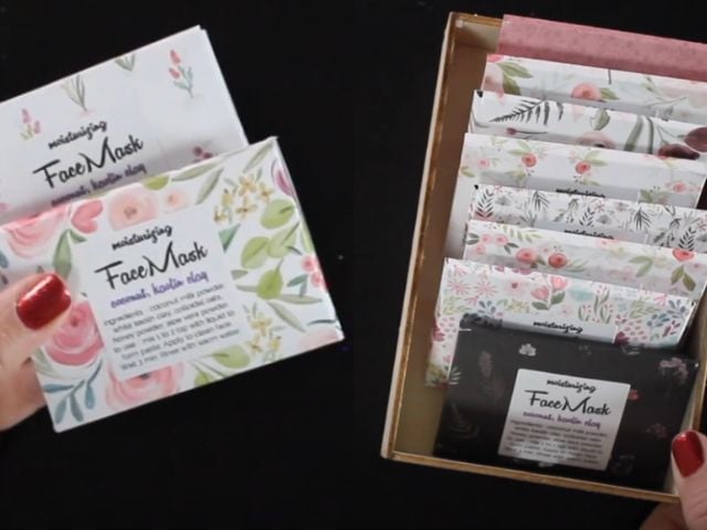 Decorated envelopes that say, "face mask" - baby shower favors.