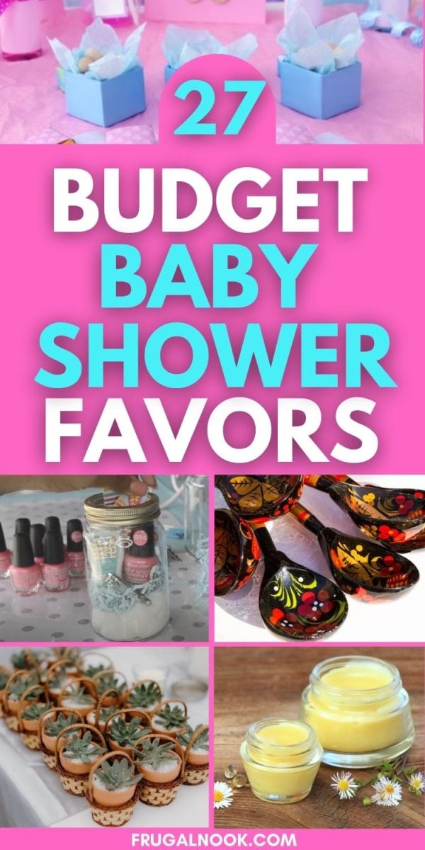 A collage of various affordable baby shower favors including small gift boxes, nail polish, decorative spoons, succulent plants, and candles, presented against a pink and white background.