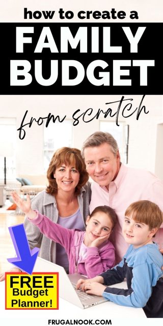 A family of four, consisting of two adults and two children, is gathered around a laptop, promoting the creation of a family budget with a message about a free budget planner for beginners in money management.