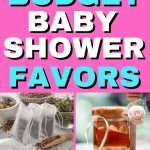 An assortment of budget-friendly baby shower favors, including decorative cookies, herb sachets, and take-home gift boxes, displayed against a colorful background.