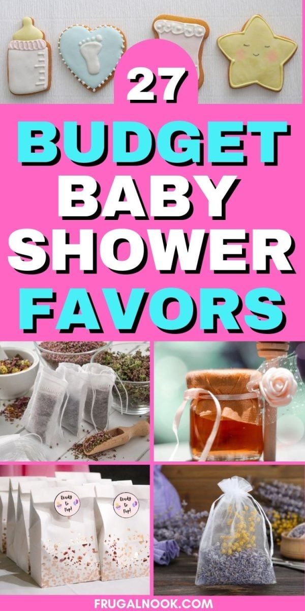 An assortment of budget-friendly baby shower favors, including decorative cookies, herb sachets, and take-home gift boxes, displayed against a colorful background.