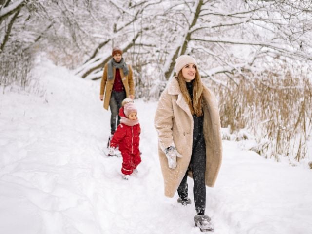 a man, woman and child are walking in the snow