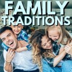 A happy family of four, including two children, enjoys a playful moment together on a couch, surrounded by a cozy home setting, illustrating the theme of family traditions and activities.