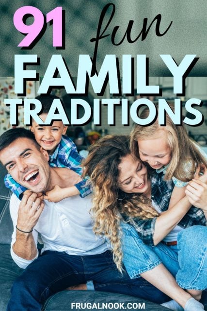 A happy family of four, including two children, enjoys a playful moment together on a couch, surrounded by a cozy home setting, illustrating the theme of family traditions and activities.