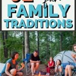 A family gathers around a campfire in a wooded area, enjoying time together while roasting marshmallows, illustrating fun family traditions and holiday activities.