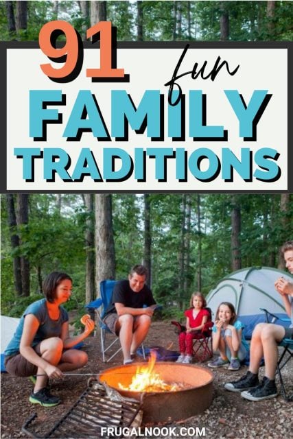 A family gathers around a campfire in a wooded area, enjoying time together while roasting marshmallows, illustrating fun family traditions and holiday activities.