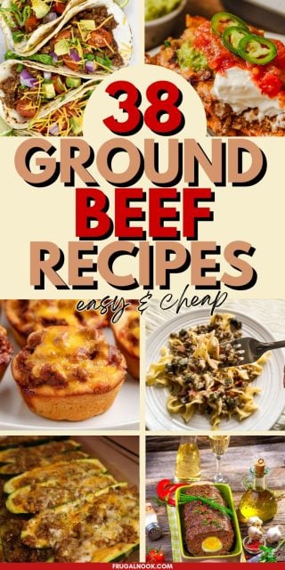 A collage featuring various dishes made with ground beef, highlighting easy dinner options such as tacos, casseroles, and pasta dishes, along with the text "38 Ground Beef Recipes Easy & Cheap."